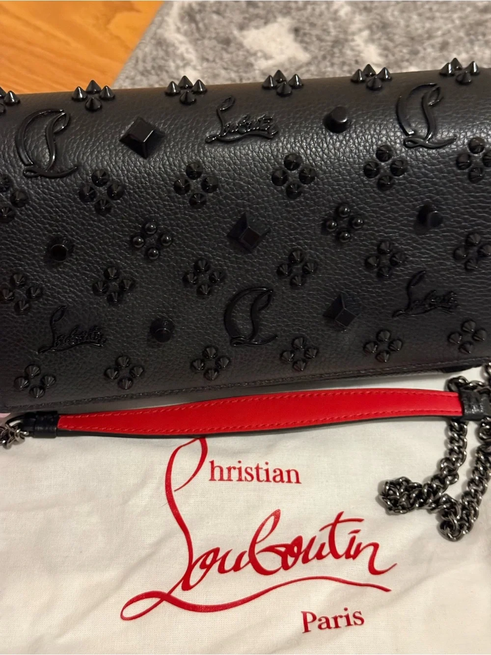 Christian Louboutin Black Leather Studded Crossbody with Red Shoulder Pad
